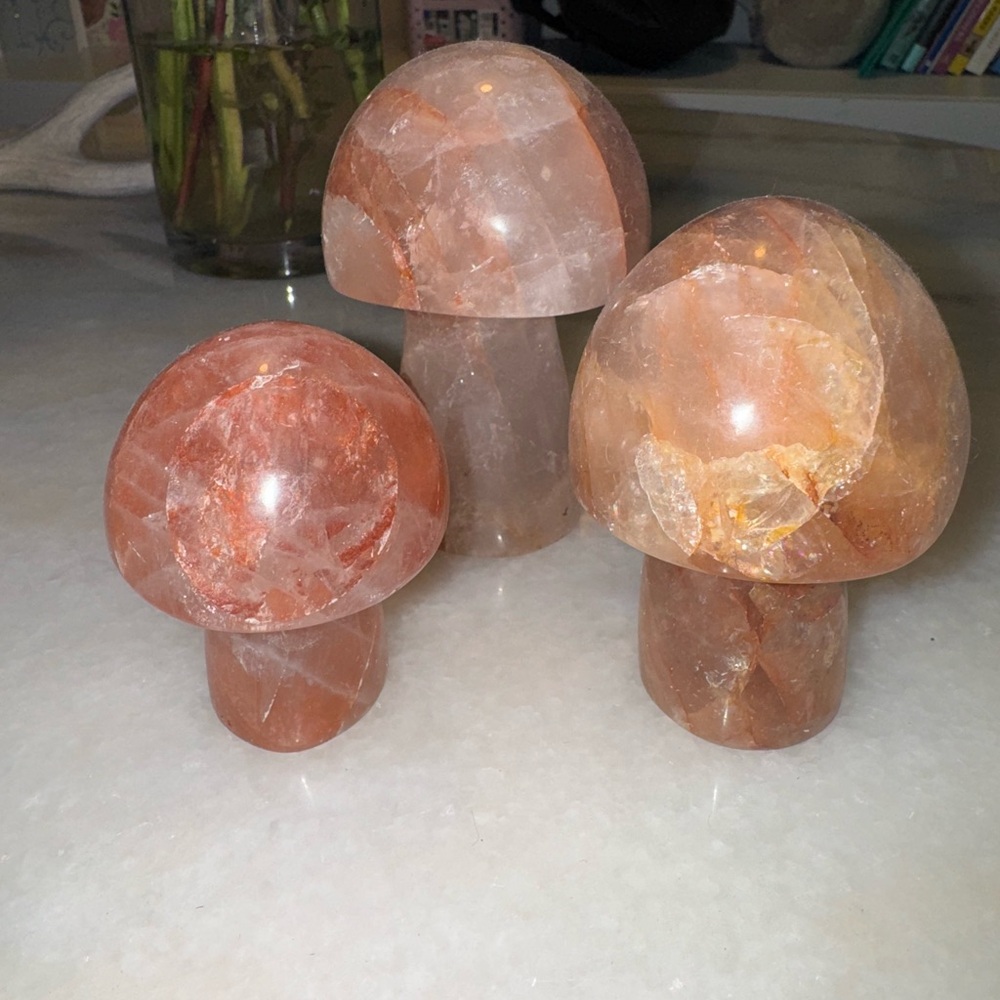 Set of Three Rose Quartz Crystal Mushroom Decor